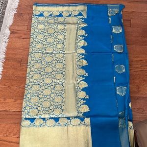 Bright blue saree with gold designs (new with tags)